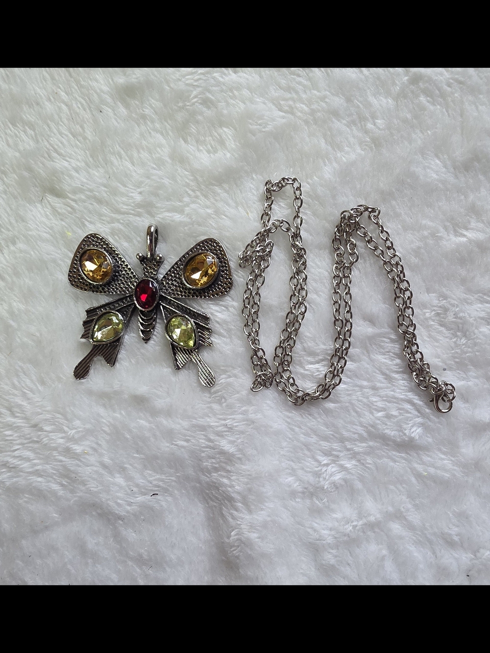 Silver-Tone Butterfly Pendant Necklace with Multicolor Stones